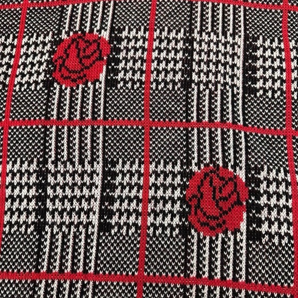 Vintage 80s Rose Plaid Floral Sweater Women’s Size XS Black Red Houndstooth - Picture 3 of 15
